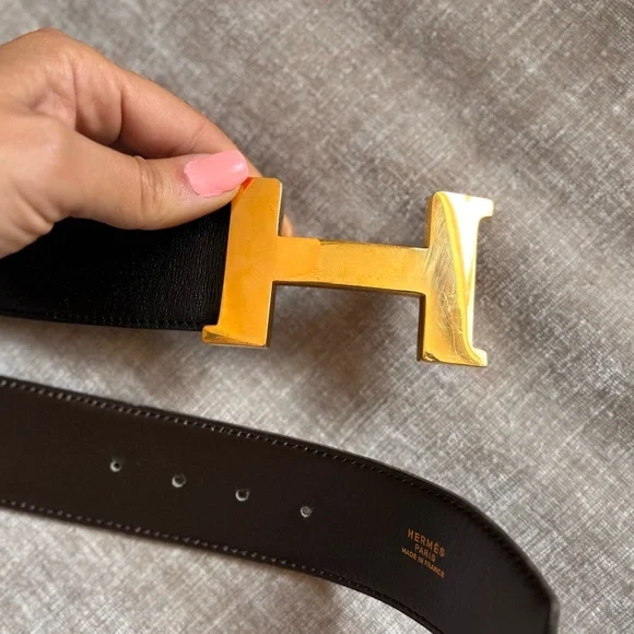 Authentic HERMES gold Constance H buckle brown black belt 85cm unisex - Picture 12 of 12